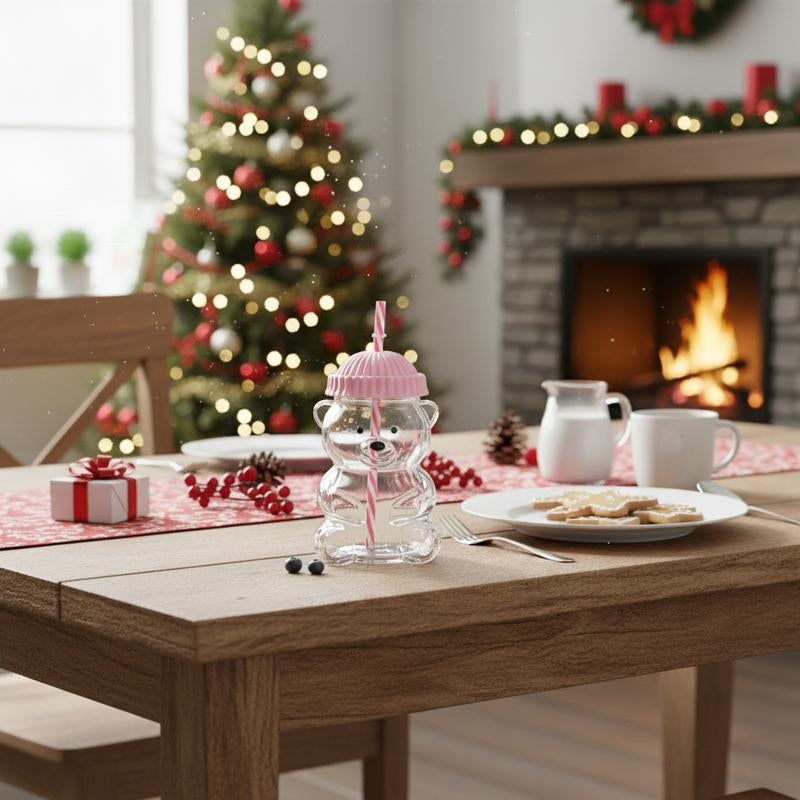 Holiday Bear Glass Cup with Straw, Cute Bear Cold Drink Cup, Festive Coffee & Beverage Glass, Adorable Bear Cup with Green Hat Lid, 2025 Seasonal Drinkware